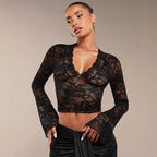Transparent Lace V-Neck Flare Sleeve Top