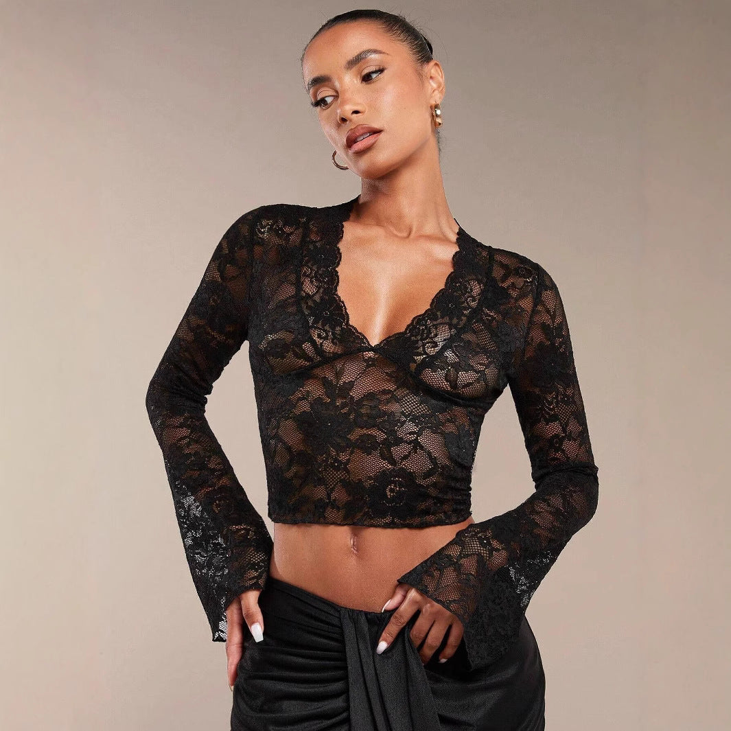 Transparent Lace V-Neck Flare Sleeve Top