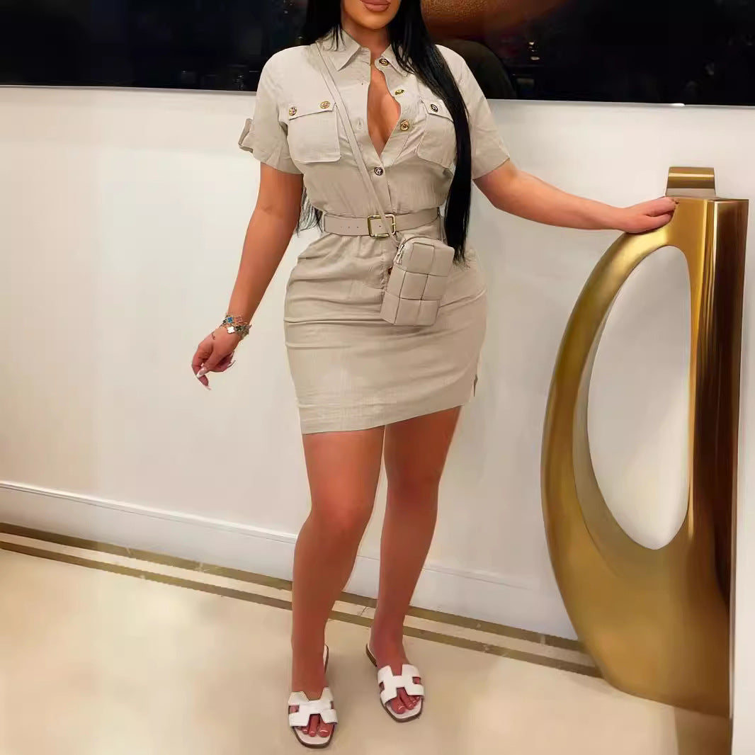 Collared Button-Front Belted Pocket Mini Dress