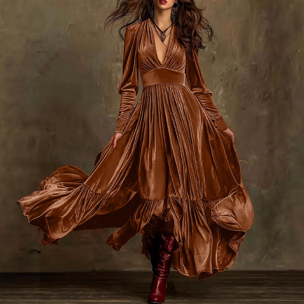 Velvet V-Neck Ruffle Swing Dress