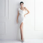 Women's One-Shoulder Sequin Asymmetric Fishtail Maxi Dress