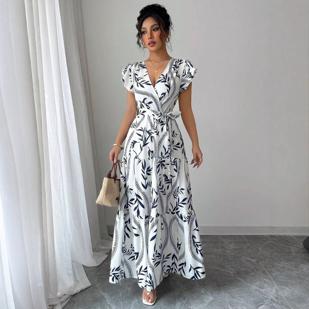 Printed Ruffled V-Neck Slim Fit Slim Fit Maxi Dress