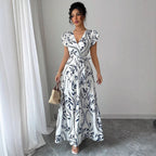 Printed Ruffled V-Neck Slim Fit Slim Fit Maxi Dress