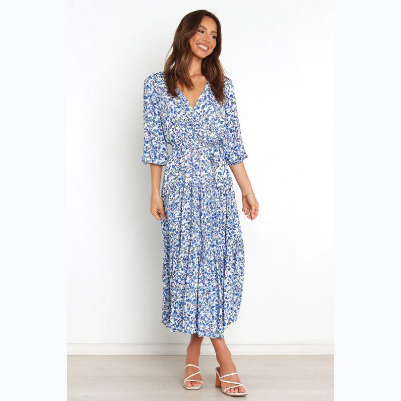 Women's Floral Mid-Sleeve V neck Dress