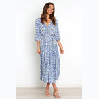 Women's Floral Mid-Sleeve V neck Dress