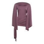 Purple satin sheath dress with long flared sleeves and ruched draped waist