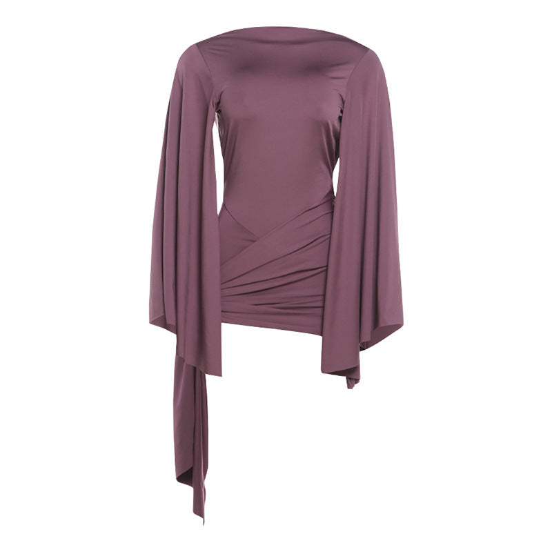 Purple satin sheath dress with long flared sleeves and ruched draped waist