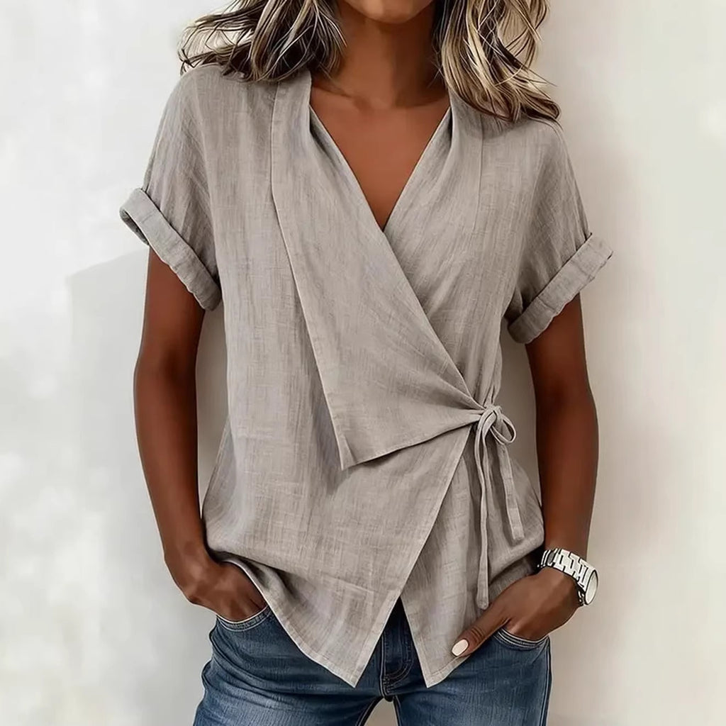 Women Casual Solid Color Short-Sleeved Top Polo Collar Lace