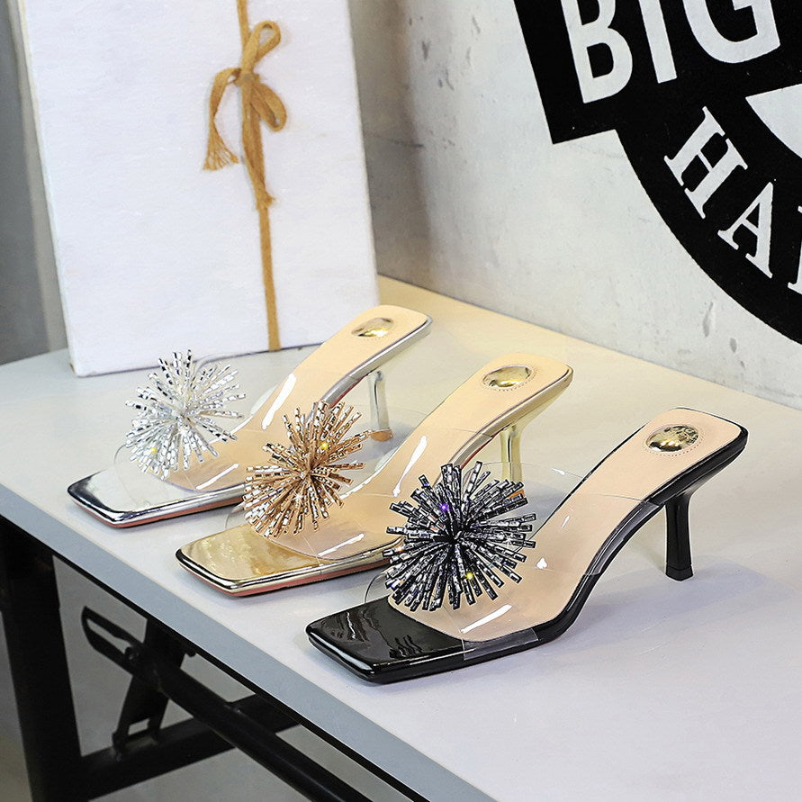 Rhinestone Fireworks Square Toe Open Toe Slippers Transparent Slip On