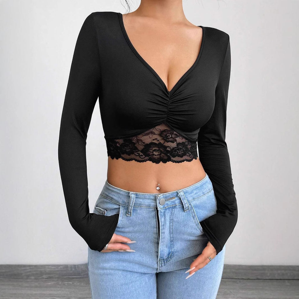 Women’s Black Lace Patchwork Deep V Crop Top