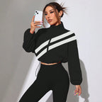 Fall Color Block Diagonal Stand Collar Cropped Sun Protection Jacket