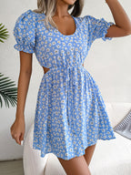 Floral Chiffon Puff Sleeve Cutout Mini Dress