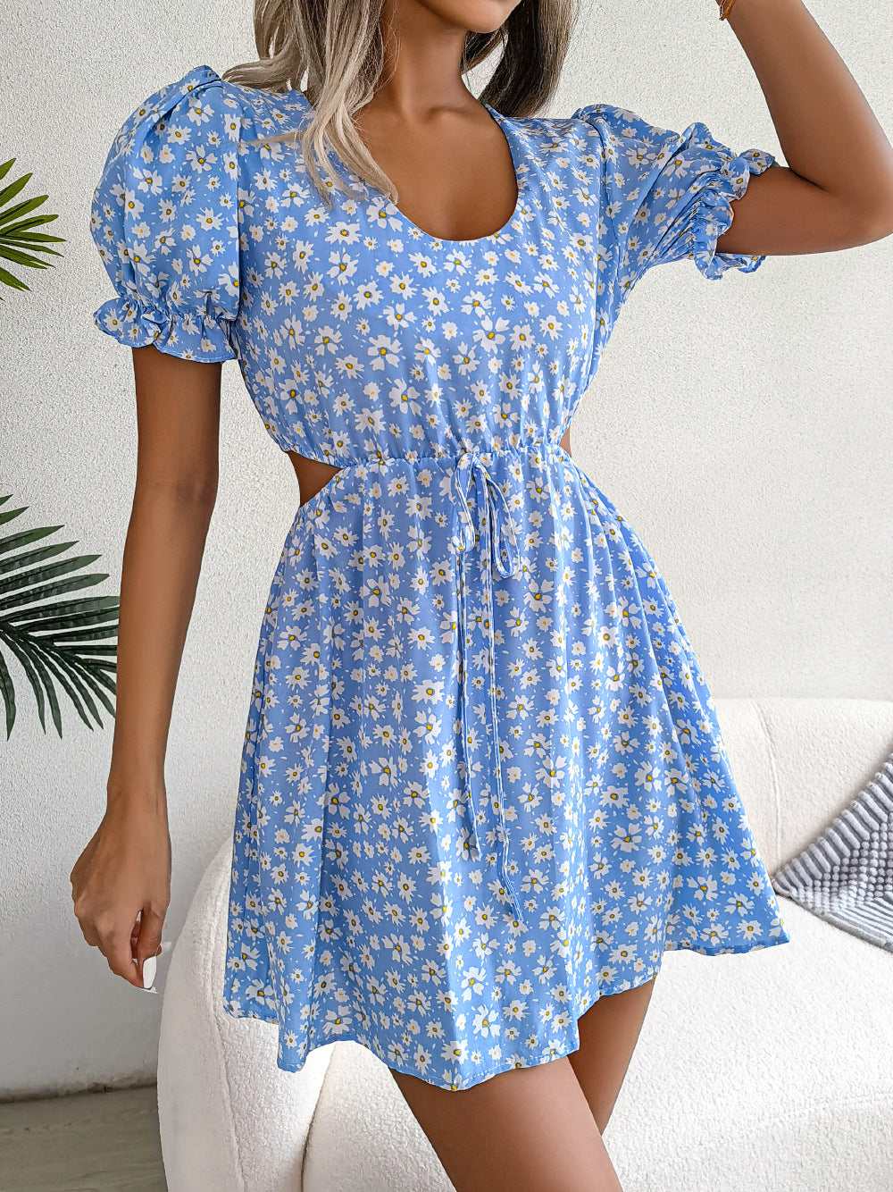 Floral Chiffon Puff Sleeve Cutout Mini Dress