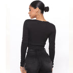Women's V-Neck Ribbed Twisted Long Sleeve Crop Top