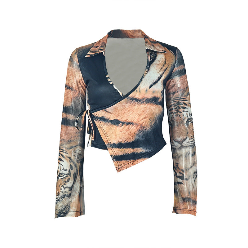 Women's Casual Vacation Special Women Clothing V Neck Street Bell Sleeve T Shirt Printed Asymmetric Waist Trimming Top