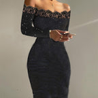 Off-Shoulder Lace Long-Sleeve Midi Dress