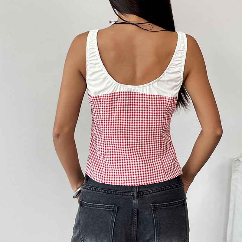 Women’s Red Plaid Lace Trim Tank Top