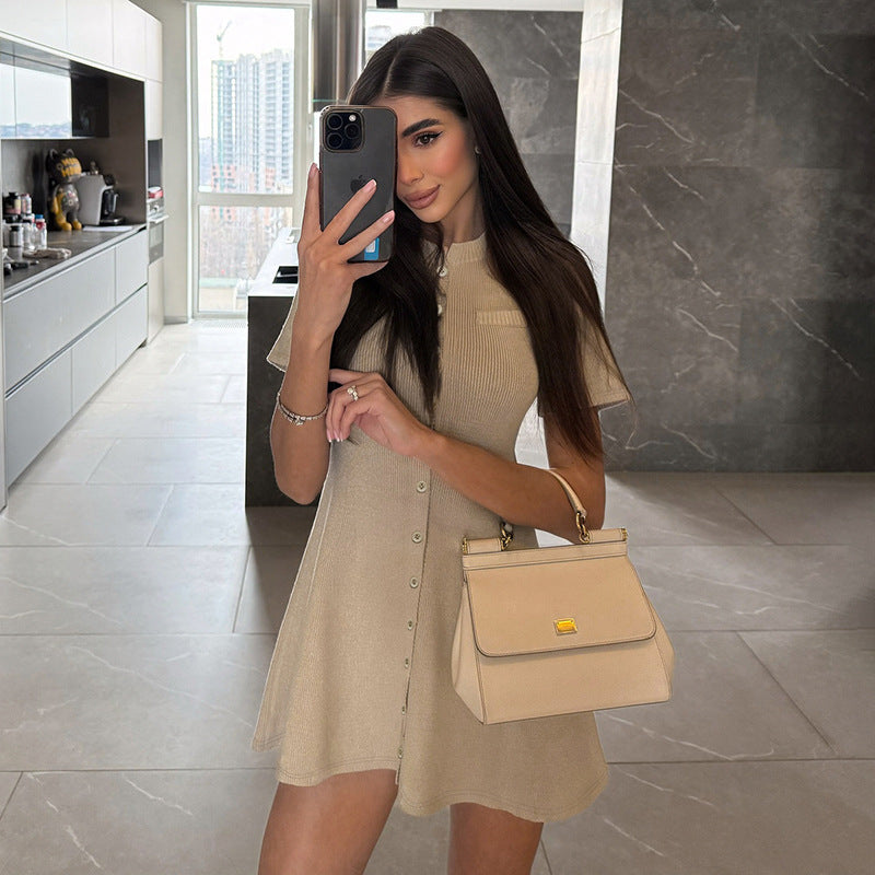 High-Collar Button Short-Sleeve Knit A-Line Mini Dress