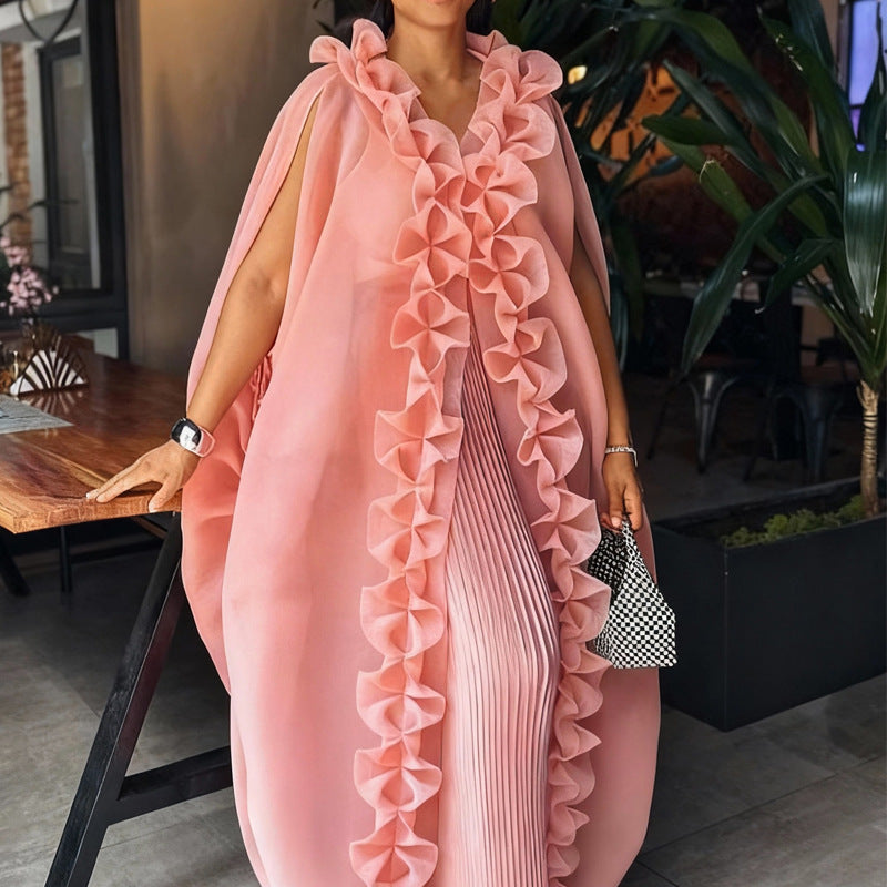 Loose Pleated Lace Outerwear Shirt Pleated Wide Leg Trousers Set Party Wedding Robe Two Piece Set