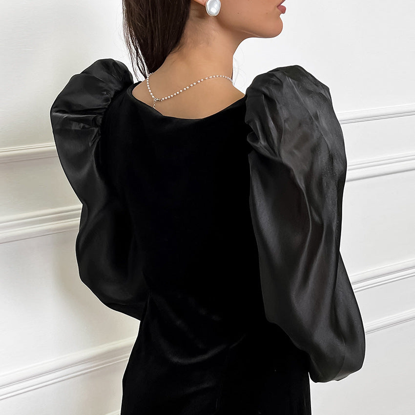Black Velvet Square-Neck Puff-Sleeve Dress