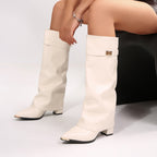 Women Boots Pointed Toe Large Tube Circumference Straight Metal Buckle Long Tube Boots Plus Size Thick Heel Pants Boots Women Boots