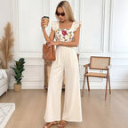 Fresh Gentle Mesh Stitching Square Collar Wide Leg Jumpsuit