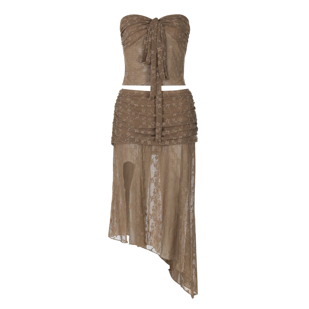Women's Lace See Through Up Top and Skirt Two-Piece Set