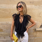 Women Clothing Summer Sexy Deep V Plunge neck Flounce Stitching Strap Sleeveless T shirt Top