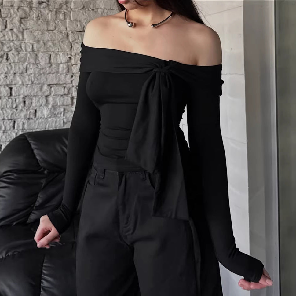 Women's Off-Shoulder Lace-Up Bow Long Sleeve Top