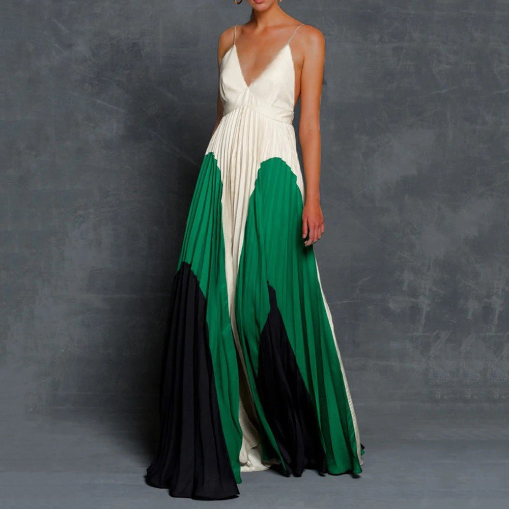 Long Color-Block Pleated Camisole Dress Long