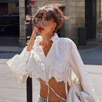 Hollow Out Cutout Out Lace Short Cotton Shirt Top Collar Bell Sleeve Cropped