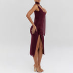 Women's Mesh Cowl-Neck Backless Split Bodycon Dress