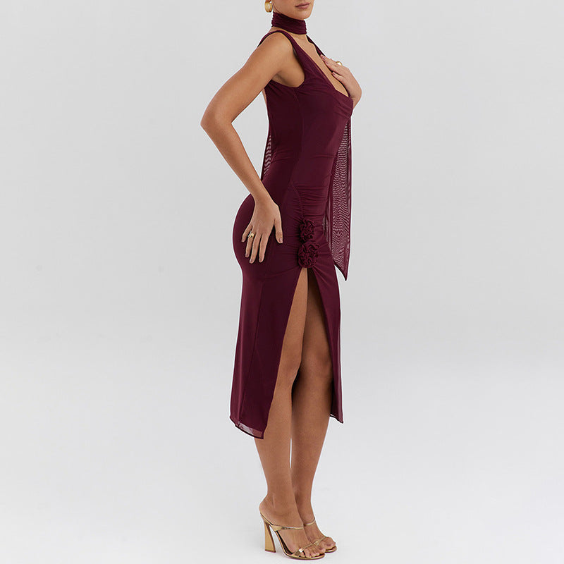 Women's Mesh Cowl-Neck Backless Split Bodycon Dress