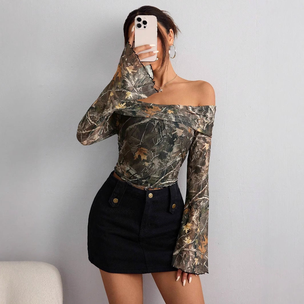 Printed Sheer Mesh Off-Shoulder Top