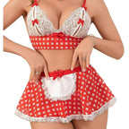 Women's Red White Plaid Maid Lingerie Set