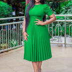 Pleated Short-Sleeve Dress