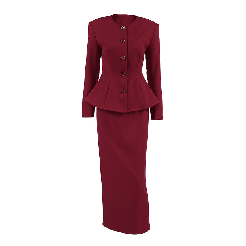 Women's Red Long-Sleeve Split Skirt Suit Two-Piece Set