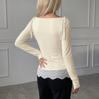 Autumn Winter Slim T shirt Women Lace Stitching Solid Color Long Sleeved Top