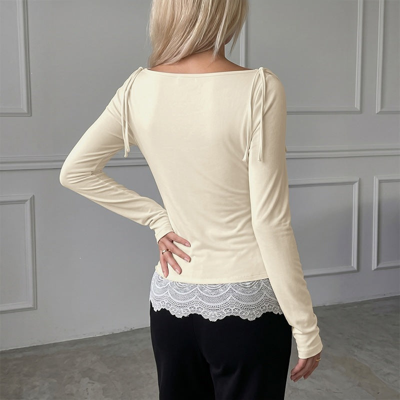 Autumn Winter Slim T shirt Women Lace Stitching Solid Color Long Sleeved Top