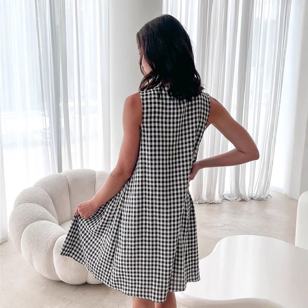 Plaid Vest V-Neck Lace-Up Dress