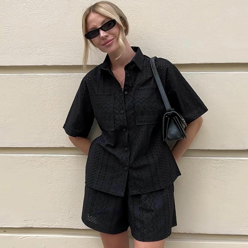 Women's Summer Suit Women's Hollow Out Cutout Out Short Sleeved