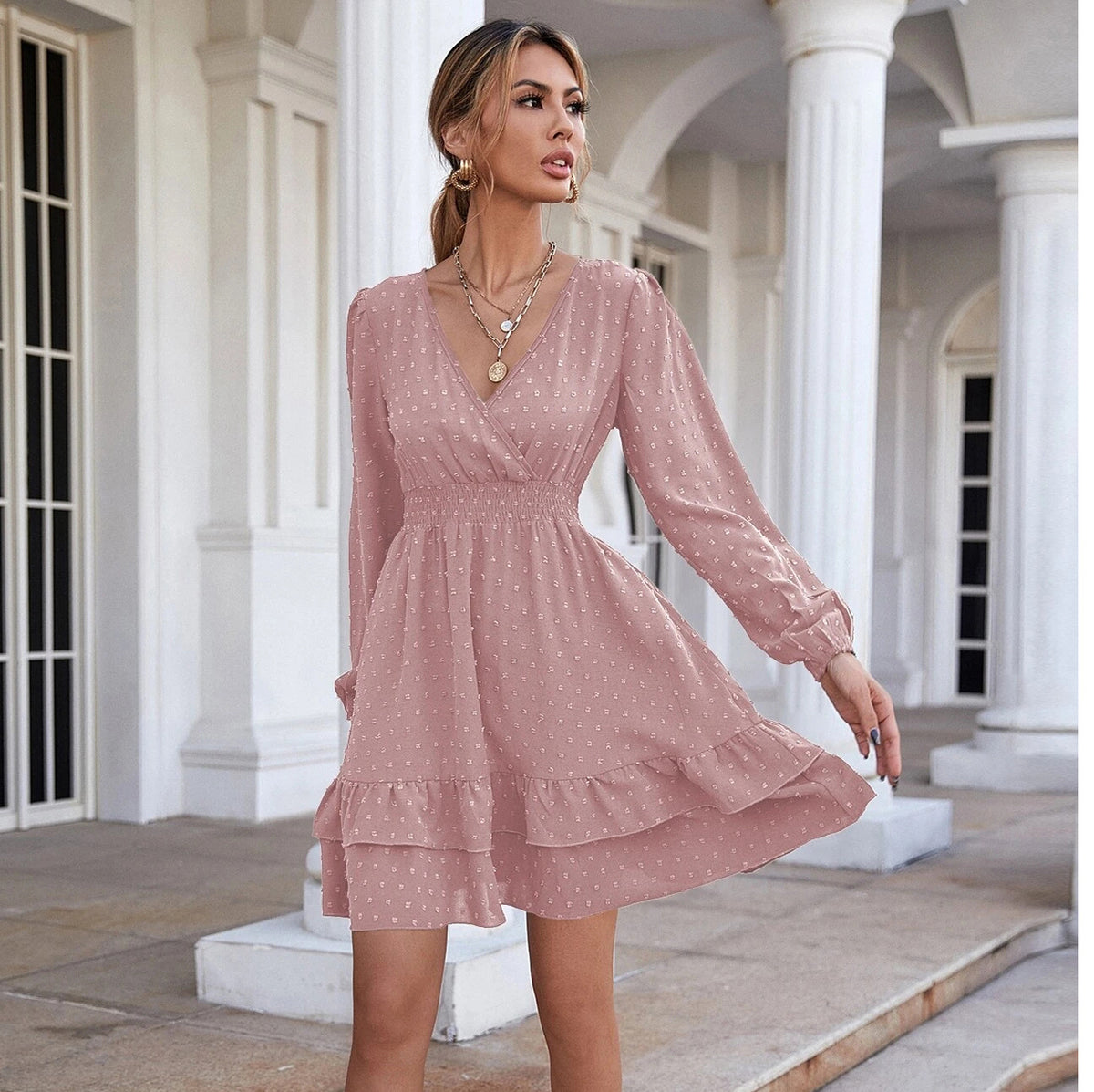 Long-Sleeve V-Neck Office A-Line Dress