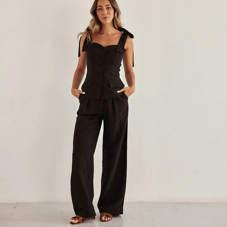 Black Bandeau Top & Wide-Leg Pants Set