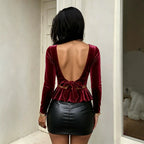Women's Wine Red Velvet Long Sleeve T Shirt Bare Back Bow Waist