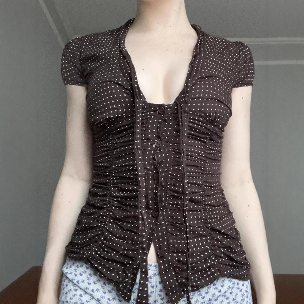 Women's Up Pleated Slim Fit Shoulder T-Shirt Polka Dot Short Sleeve