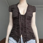 Women's Up Pleated Slim Fit Shoulder T-Shirt Polka Dot Short Sleeve