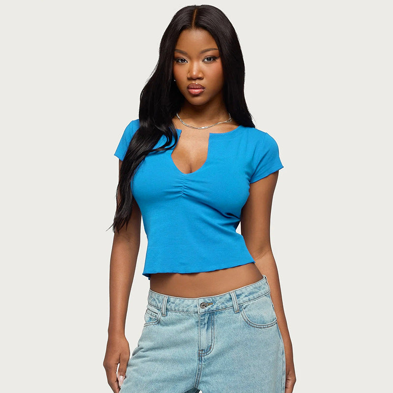 Women’s Blue Ruched V Neck Cropped Top