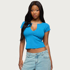 Women’s Blue Ruched V Neck Cropped Top