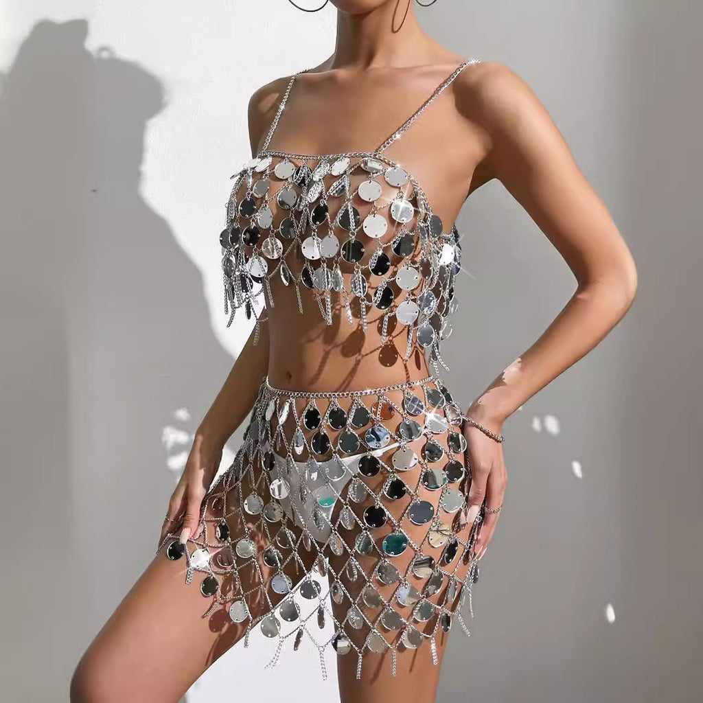 Women's Silver Sequin Halter Top & Skirt Set