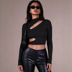 Women's Autumn Half High Collar Pairs Hollow Out Cutout Long-Sleeve T Shirt Slim Fit Slimming Short Top
